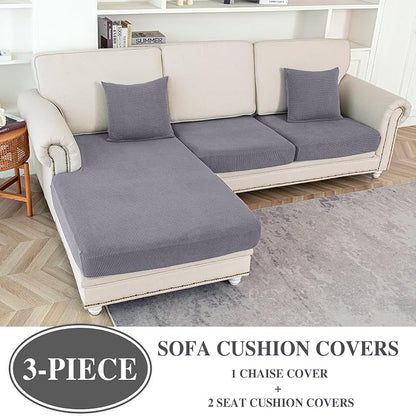 LA MEACK Couch Cushion Covers for Sectional Sofa L Shape Washable Separate Seat Chaise Couch Cover Stretch Sofa Slipcovers with 2 Pcs Pillowcases(2 Seater + 1 Chaise, Light Grey)