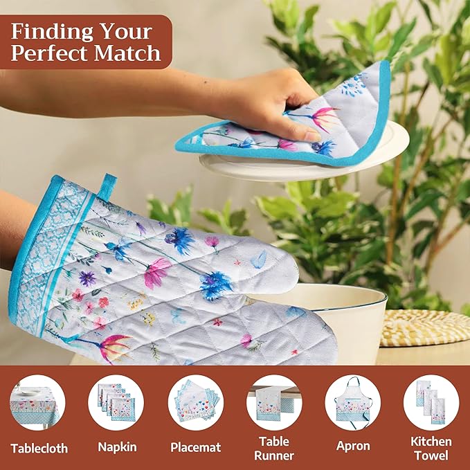 Maison d' Hermine Pot Holders 100% Cotton Heat Resistant Potholders 8" x 8" Hot Pads with Loop BBQ Baking Hotel Farmhouse Kitchen Handling Hot Pans Spring Summer (Pack of 1, Flower in The Field)