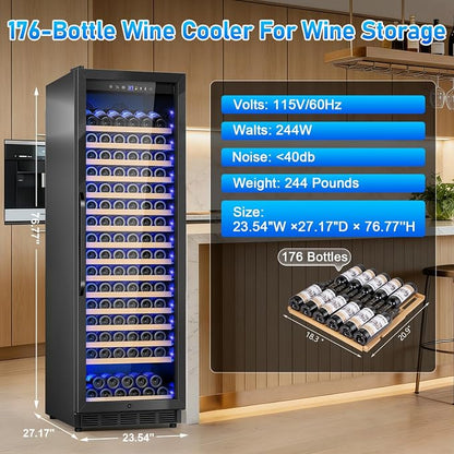 Velivi 24" Wine Cooler Refrigerator Black, 24 Inch Wide Large Capacity Freestanding/Built in Wine Fridge for 176 Bottles with Safety Lock, Professional Wine Cellar with Glass Door