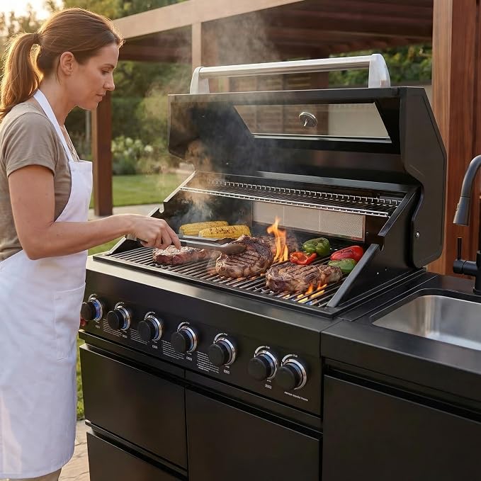 63 Inch Outdoor Kitchen Island, 6-Burner 85000 BTU Propane Stainless Steel BBQ with Side/Rear Burners, With Sink, Rotisserie, Marble Countertops, Storage, For Backyard BBQ