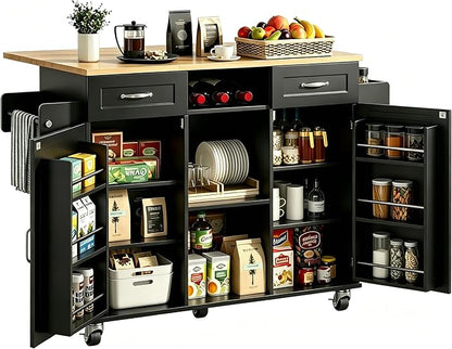 knoworld 51.5'' Rolling Kitchen Island with Storage Cabinet & Drawers, Drop Leaf Kitchen Cart on Wheels, Farmhouse Portable Mobile Islands, Large Butcher Block Table with Tower/Spice Rack, Black
