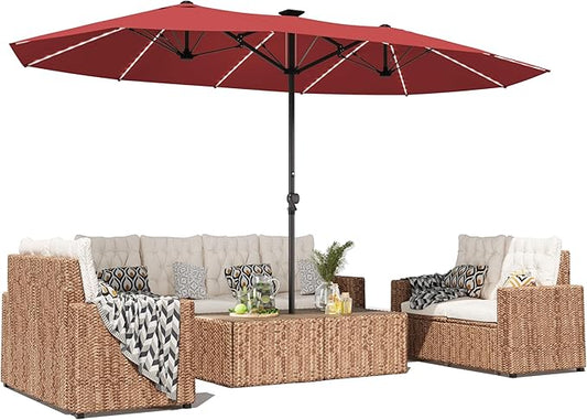 GDPFN 15ft Large Patio Umbrella with Solar Lights, Outdoor Double-Side Rectangular Umbrella, Backyard Pool Umbrella with LED Light for Deck, Outside, Market, Burgundy (Base Not Include)
