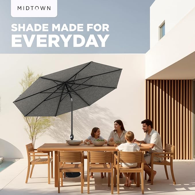 Midtown Umbrellas - 10-Year-No-Fade 9 Ft Patio Umbrella with Terylast Fabric, Auto-Tilt Aluminum Frame and 8 Reinforced Ribs for Deck, Pool, Garden & Beach - Geige Canopy, Black Pole