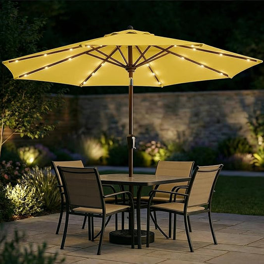 10FT Solar Patio Umbrella with Lights, Outdoor Table Market Umbrella with 32 LED Lights, 8 Sturdy Ribs, Push Button Tilt and Crank for Pool, Deck and Garden, UV-Resistant