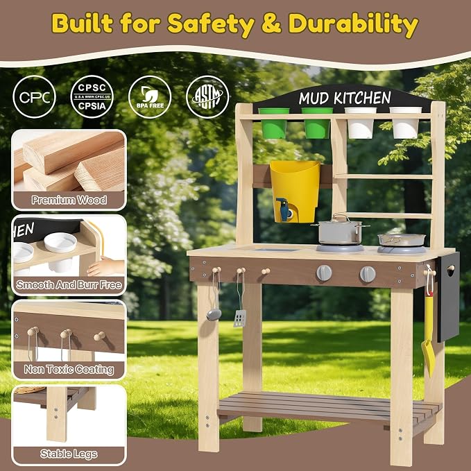 BIERUM Wooden Mud Kitchen for Kids Outdoor with Real Sink & Faucet, Green | with Real Sink, Faucet, Oven and Stove, for Water, Cooking & Planting, Perfect Outdoor Gift for Toddlers Boys Girls Ages 3+