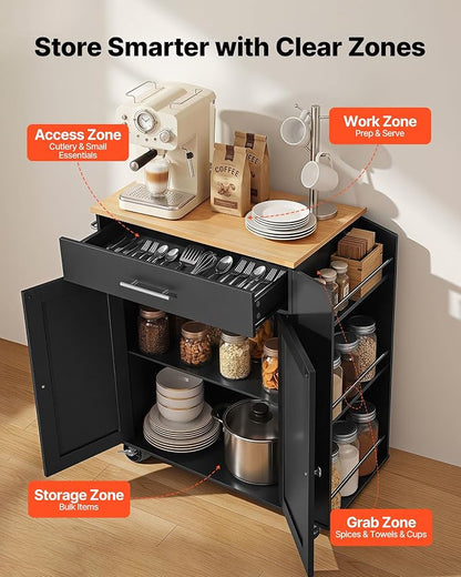 VEVOR Kitchen Island Cart with Storage, 31.3 in Wide Mobile Rolling Storage Island on Swivel Wheels, with Drawer, Storage Cabinet, Spice/Towel Rack, Table for Home Dining Room, Black
