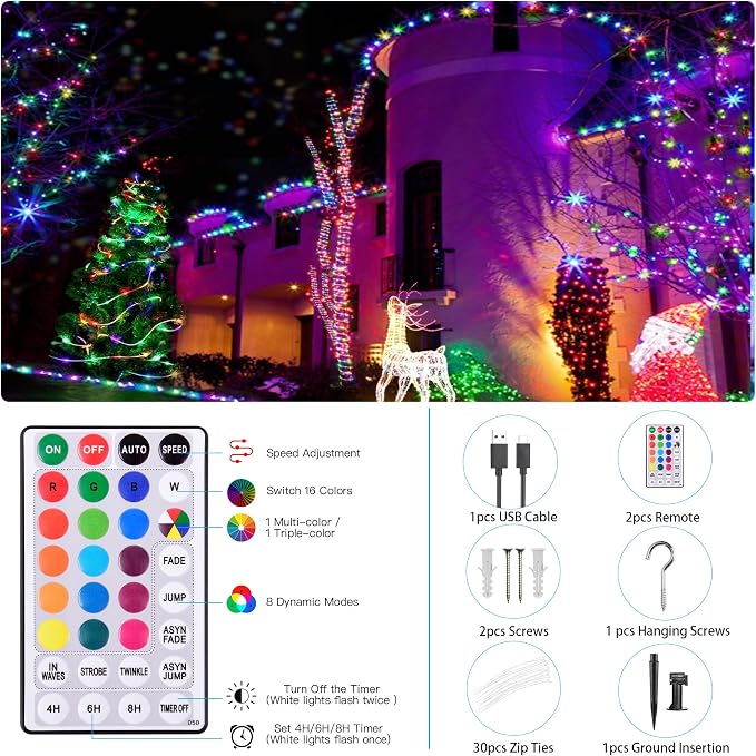 Solar Rope Lights Outdoor Waterproof 99Ft 300 LED String Light | Solar Powered & USB with Remote, 18 Colors Changing Strip Fairy Light for Outside Trampoline Tree Yard Pool Christmas Decor