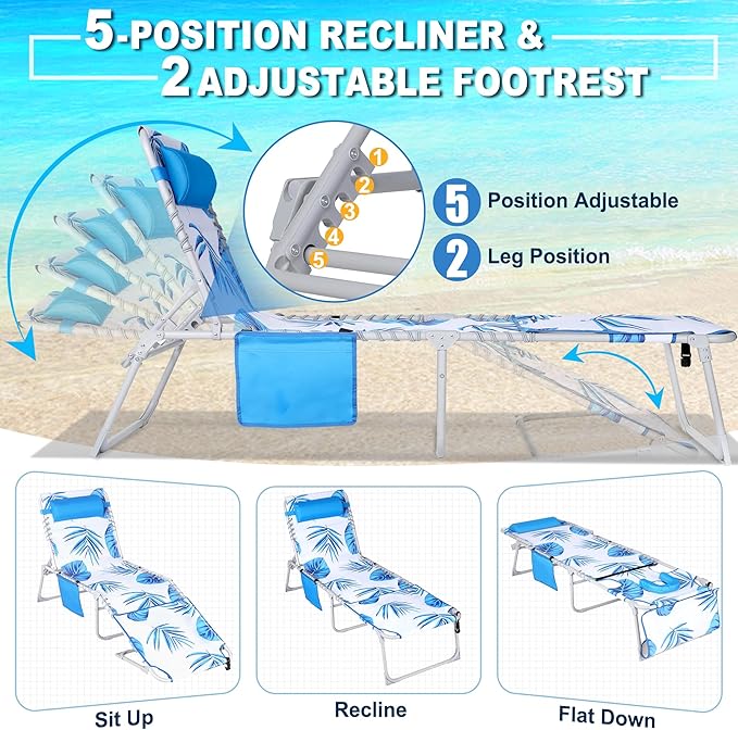 Luxfero 3-in-1 Beach Lounge Chair with Umbrella, Sun Tanning Chair with Face Hole&5-Position Recliner, Folding Lounge Chair Outdoor Lay Flat, Max 350lbs,Portable Tanning Chair with Pillow&Pocket-White