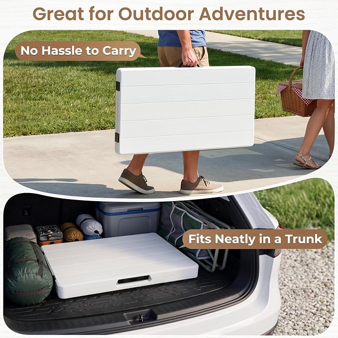 6' Picnic Table Set w/2 Benches 3-Piece 1-Case Camping Table Chair Set | HDPE Tree Pattern Top for Indoor or Outdoor Use Working Meeting Party, Camping, Picnic, Weddings With Handle Safety Locks