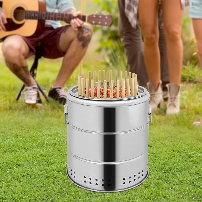 Smokeless Charcoal Hanging Grill with 30 Skewers, Portable Vertical Charcoal Smoker, Stainless Steel BBQ Grill Bucket for Camping, Picnics & Backyard Parties