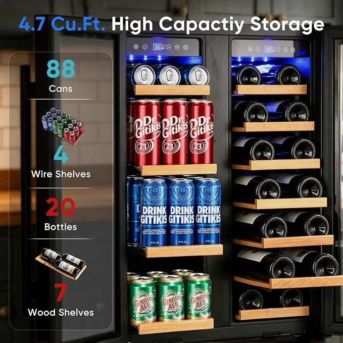 24 Inch Built-in Wine and Beverage Refrigerator Dual Zone | Under Counter Wine Fridge with Glass Door, Digital Touch Panel with °C/°F Switch, Low Noise Cooling for Kitchen, Home Use