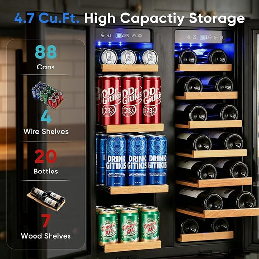 24 Inch Built-in Wine and Beverage Refrigerator Dual Zone | Under Counter Wine Fridge with Glass Door, Digital Touch Panel with °C/°F Switch, Low Noise Cooling for Kitchen, Home Use