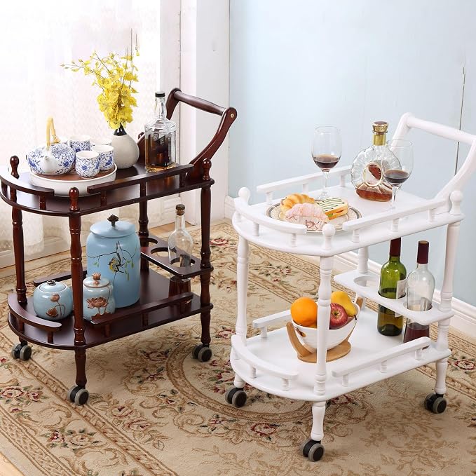 Bar Cart, Home Bar Service Cart with Wheels, 2-Layer Wine Mobile Trolley, Solid Wood Storage Rack with Bottle Rack, Mobile Food Cart Suitable for Home, Bar, Beauty Shop (Brown)