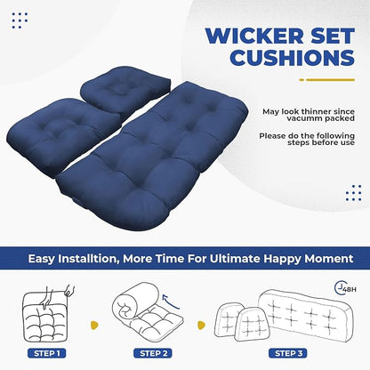 DANGHOOGY Wicker Chair Cushions, Waterproof Outdoor Loveseat Cushions for Patio Furniture, 3 Pieces Wicker Furniture Cushions, 1 Loveseat and 2 U-Shaped Cushions, Blue