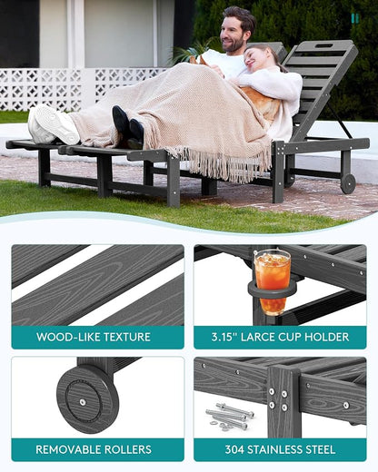SERWALL HDPE Outdoor Chaise Lounge Set of 2 with Cup Holder & Wheels, Grey | Weather-resistant chaise lounge resists fading, with 5-level adjustable back, cup holder and wheels.