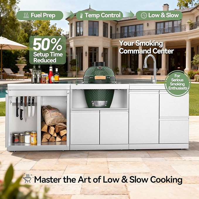 Outdoor Kitchen Double Door Empty Cabinet, Stainless Steel Storage Module with White Quartz Countertop, for Grill Island, Patio BBQ Station, No Shelves Included