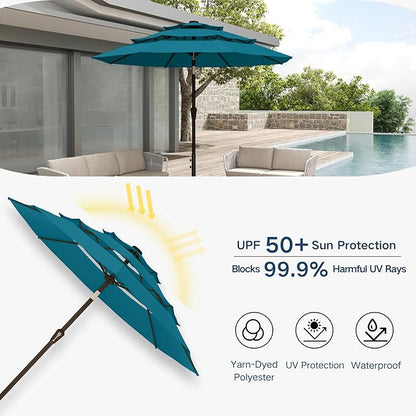 10FT Patio Umbrella 3 Tiers Outdoor Market Umbrella w/Push Button Tilt, Crank, UV and Waterproof Table Umbrella for Garden, Pool, Backyard, Deck, Lawn, Lake Blue