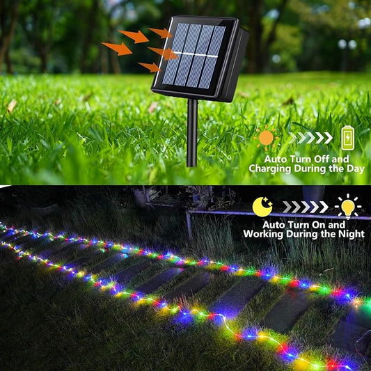 YEGUO Solar Rope Lights Outdoor Waterproof, 66ft 200 LED Multicolor String Lights, 8 Modes Fairy Lights in Clear Thin Tube