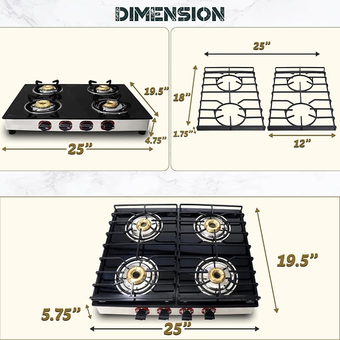 4 Burner Gas Stove Top, 25" Black Tempered Glass Countertop Stove | Stainless Steel 4 Burner Cooktop Burners RV Stove for Cooking Range Gas with Hose & Regulator to Connect Propane Cooktop