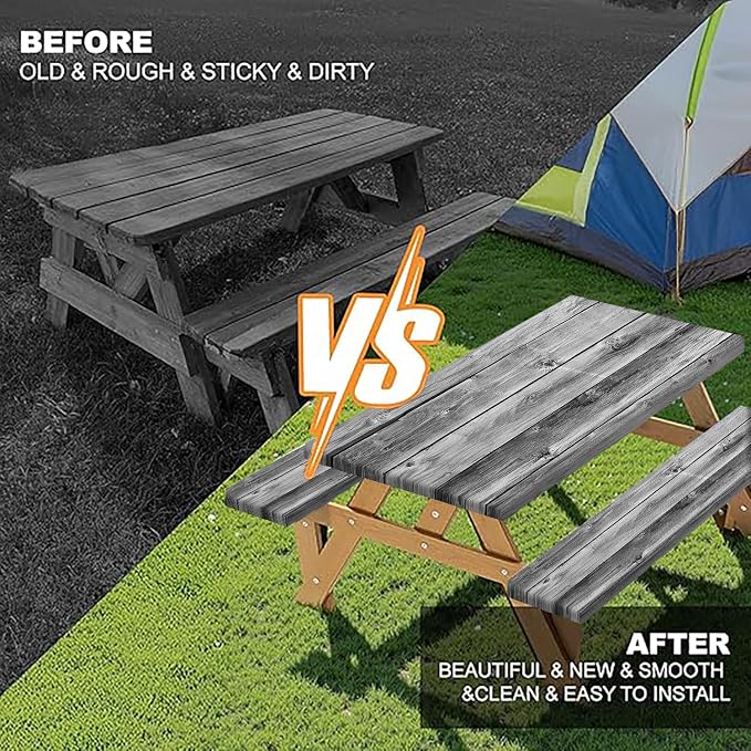 Vintage Wooden Picnic Table Cover with Bench Covers and Bag, Camping Essentials, Gray Wood Camping Table Cover with Elastic Edges for Indoor, Outdoor, Garden, 3 Pcs, 30x60 Inch