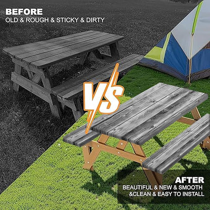 Vintage Wooden Picnic Table Cover with Bench Covers and Bag, Camping Essentials, Gray Wood Camping Table Cover with Elastic Edges for Indoor, Outdoor, Garden, 3 Pcs, 30x96 Inch