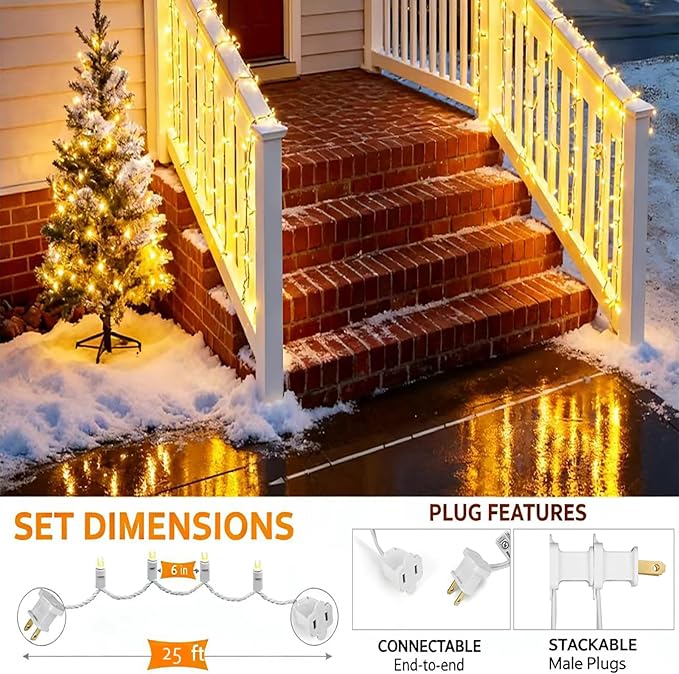 50 Counts Warm White LED Christmas Lights, 25ft Commercial Grade Outdoor String Lights - Waterproof UL Certified White Wire with 5mm Wide Angle Bulbs for Christmas Tree, Indoor & Outdoor Decor