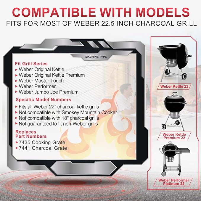 7436 Cooking Grate Hinged for Weber 22" Original Kettle Charcoal Grills, Round Replacement Grate for Weber Performer, Jumbo Joe Premium, Master-Touch,Bar-B-Kettle & Other 22 Inch Charcoal Grills