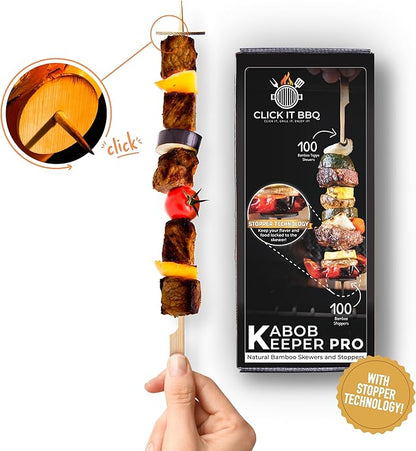 Kabob Keeper Pro - Bamboo Skewers - Kebab Skewers with Innovative Stopper Disks to Lock Food in Place - 100 Count