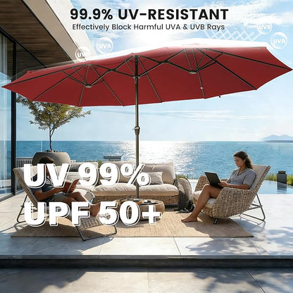 Ayge 15FT Patio Umbrella with Base,Large Outdoor Double-Sided Rectangle Umbrella with Crank Handle, Market Umbrella for Poolside Garden Deck Backyard Beach Pools,Red