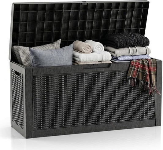 ROJIK Outdoor Storage Box, 70 Gallon Waterproof Deck Box, Weatherproof Resin Outside Storage Bin for Patio Furniture, Garden Tools, Pool Accessories, Cushion, Black
