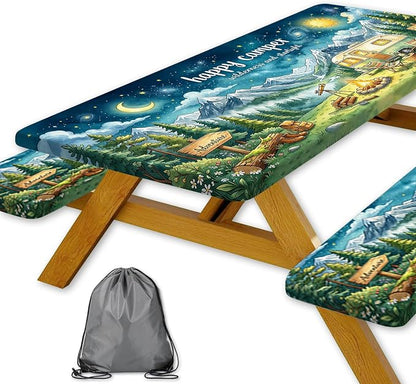 Picnic Table Cover with Bench Covers and Bag, Camping Essentials, Happy Camper Starry Night Waterproof Camping Tablecloth, Elastic Edges Fitted Rectangle Tables for Outdoor & Garden, 3PCS, 30x60 Inch