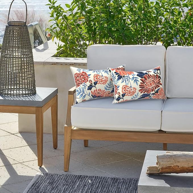 LVTXIII 2 Pack Outdoor Lumbar Pillow Covers 12x20 Inch with Piping, Water-Repellent Back Cushion Covers ONLY for Patio Furniture, Sofa, Garden Bench, Vibrant Blossom