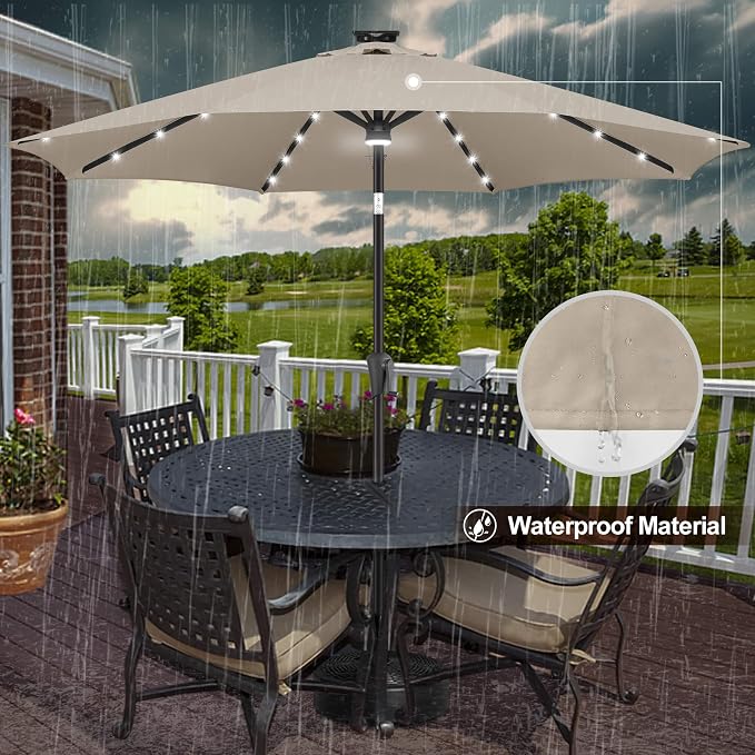 FLAME&SHADE Solar Patio Umbrella with a Centre Light, 9 FT Taupe | 40 LED Lights, UV Protection, Waterproof, Porch Deck Outdoor Umbrella for Pool, Backyard, Garden, Provides Evening Lighting