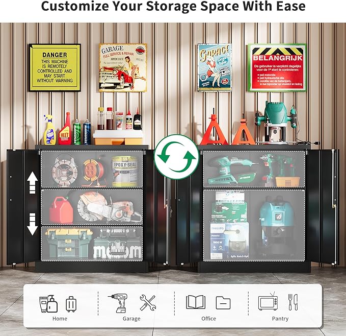 Metal Garage Storage Cabinet with Doors and Adjustable Shelves, 35.4" Locker Organizer Steel Garage Cabinets, Lockable File Cabinet for Home, Office, Warehouse, Tools