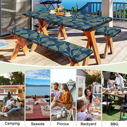 Picnic Table and Bench Cover Set, Waterproof Fitted Elastic Cloth | Portable Camping Essentials With Built-In Storage Pocket And Waterproof Fabric For Outdoor RV Or Picnic Table Use