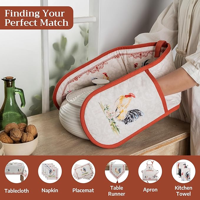 Maison d' Hermine Double Oven Mitts 100% Cotton 7"x35" Double Oven Mitt Heat Resistant BBQ Cooking Gloves with Loop Baking Grilling Kitchen Hotel Home Farmhouse Spring Summer (Campagne)