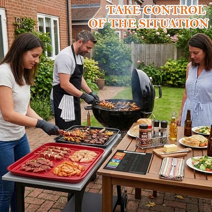 FIRE RIOT Grilling Prep & Serve Trays Set, BBQ Trays for Marinating Raw & Cooked Food with 50 Nitrile Gloves & Meat Smoking Guide, Dishwasher Safe
