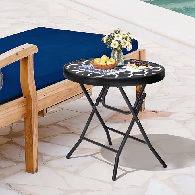 Foldable Side Table with Tempered Glass Top, Black & White | 18" Small Patio Side Tables Outdoor for Porch Yard Balcony Deck Lawn Garden