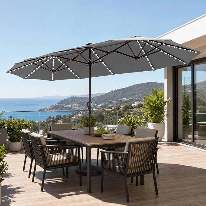 GREEN PARTY 13ft Patio Umbrella with Led Lights, Rectangle Outdoor Umbrella | 12-Mode Solar Lights, Double-Sided Rectangular table Umbrella, Large Shade for Backyard Deck Poolside, Grey(No Base)