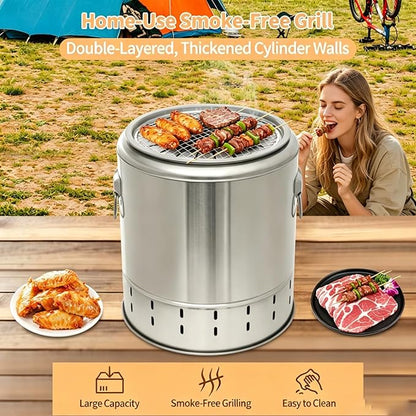 2-in-1 Charcoal Barrel Grill,Freely Switch Between the Grill Rack and Grill Mesh,20 Skewer Smokeless Portable Outdoor BBQ Grill with Stainless Steel Surround,Outdoor Cooking for Picnics Camping