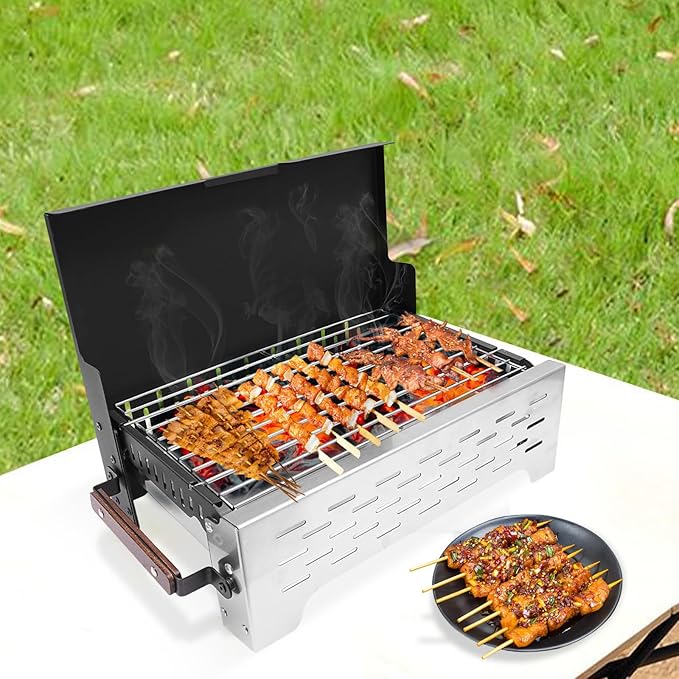 Portable Charcoal Grill, Folding Camping Grill, Outdoor Foldable BBQ Grill, Stainless Steel Smoker BBQ Grill for Outdoor Barbecue, Camping, Traveling
