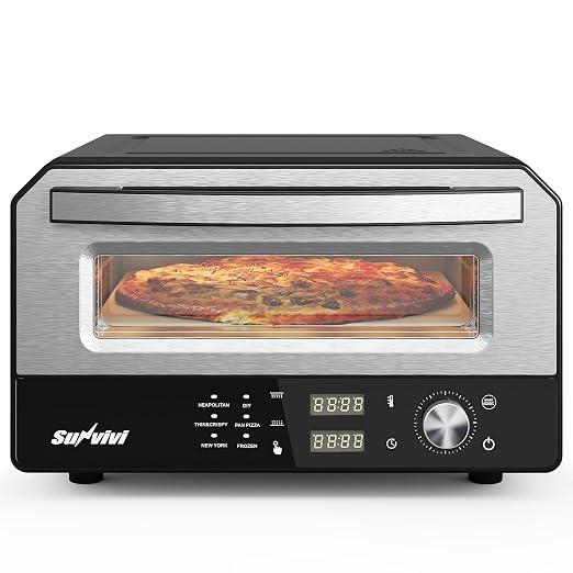Pizza Oven Indoor Outdoor: Heats up to 750℉, Up to 12" Electric Countertop Pizza Maker with 6 Presets, Control Knob, Portable Pizza Cooker Warmer for Home, Camping, Pizza Stone, Pizza Peel