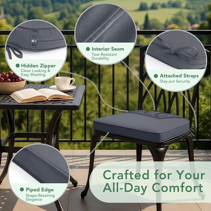 Outdoor Chair Cushions Set of 4: Waterproof & Fade Resistant Patio Furniture Cushions - 19 x 19 x 2 Inch Non Slip Round Corner Seat Cushion Pads with Removable Cover for Garden Yard Lawn, Dark Grey