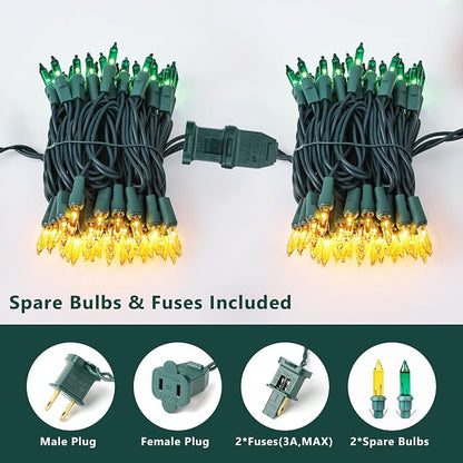 BrizLabs Christmas Lights, 100 Count 19.7ft Yellow & Green String Lights | Connectable; UL Certified; Incandescent Mini Lights Plugin Green Wire Indoor Outdoor St. Patrick's Day Xmas Tree Party Decor