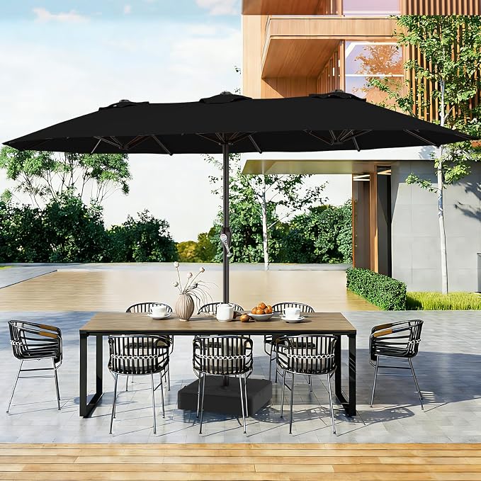 AreShark 15FT Outdoor Patio Umbrella with Crank, Large Rectangular Market Umbrella, Double-Sided Outdoor Umbrellas with Cross Base & Sandbag for Porch, Lawn, Pool, Backyard, Black