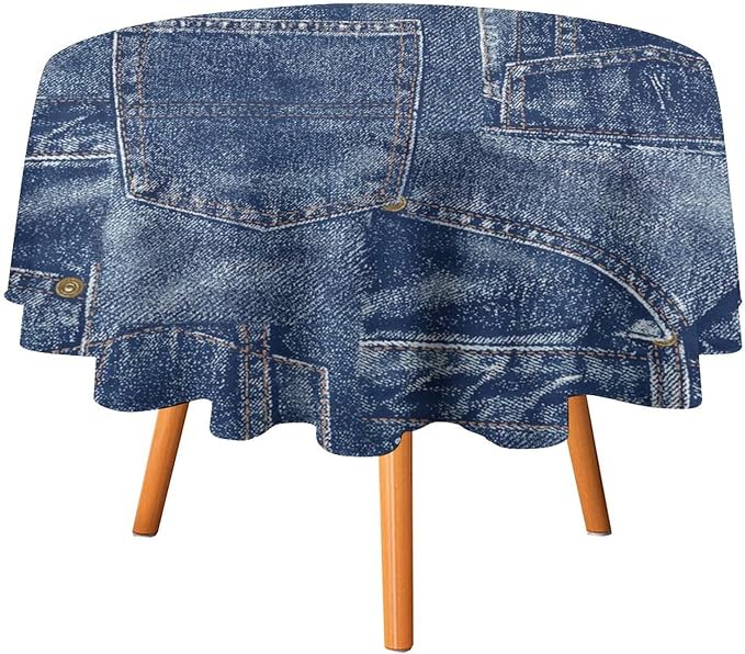 Denim Patchwork Print Style Round Tablecloth, Fashionable Denim Pattern Design (Not Denim Fabric) Water Resistant Table Cover for Farmhouse Picnic Party Holiday Kitchen Dinner Table 70"