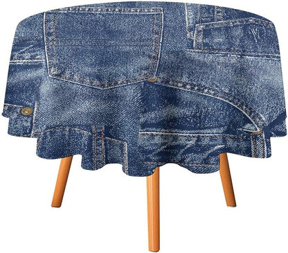 Denim Patchwork Print Style Round Tablecloth, Fashionable Denim Pattern Design (Not Denim Fabric) Water Resistant Table Cover for Farmhouse Picnic Party Holiday Kitchen Dinner Table 70"