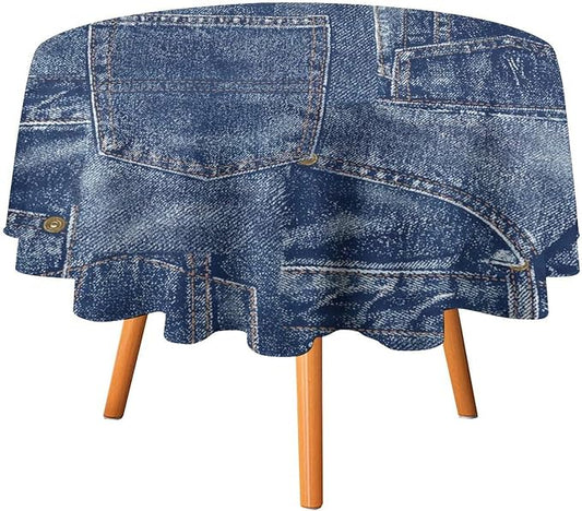 Denim Patchwork Print Style Round Tablecloth, Fashionable Denim Pattern Design (Not Denim Fabric) Water Resistant Table Cover for Farmhouse Picnic Party Holiday Kitchen Dinner Table 36"