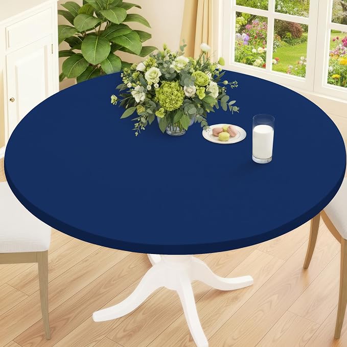 Smiry Round Spandex Tablecloth, Elastic Fitted Washable Tablecloths for 36"-44" Tables, Waterpoof Stretch Picnic Table Cover for Dining, Indoor and Outdoor, Navy