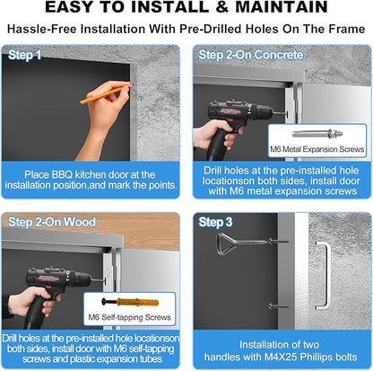 Outdoor Kitchen Door 17" W x 24" H-304 Stainless Steel Never Rust Cabinet Door-Double Layer-BBQ Access Doors-Weatherproof GrillDoor-Flush Mount BBQ Island Doors-MetalDoor for Outdoor Indoor Kitchen
